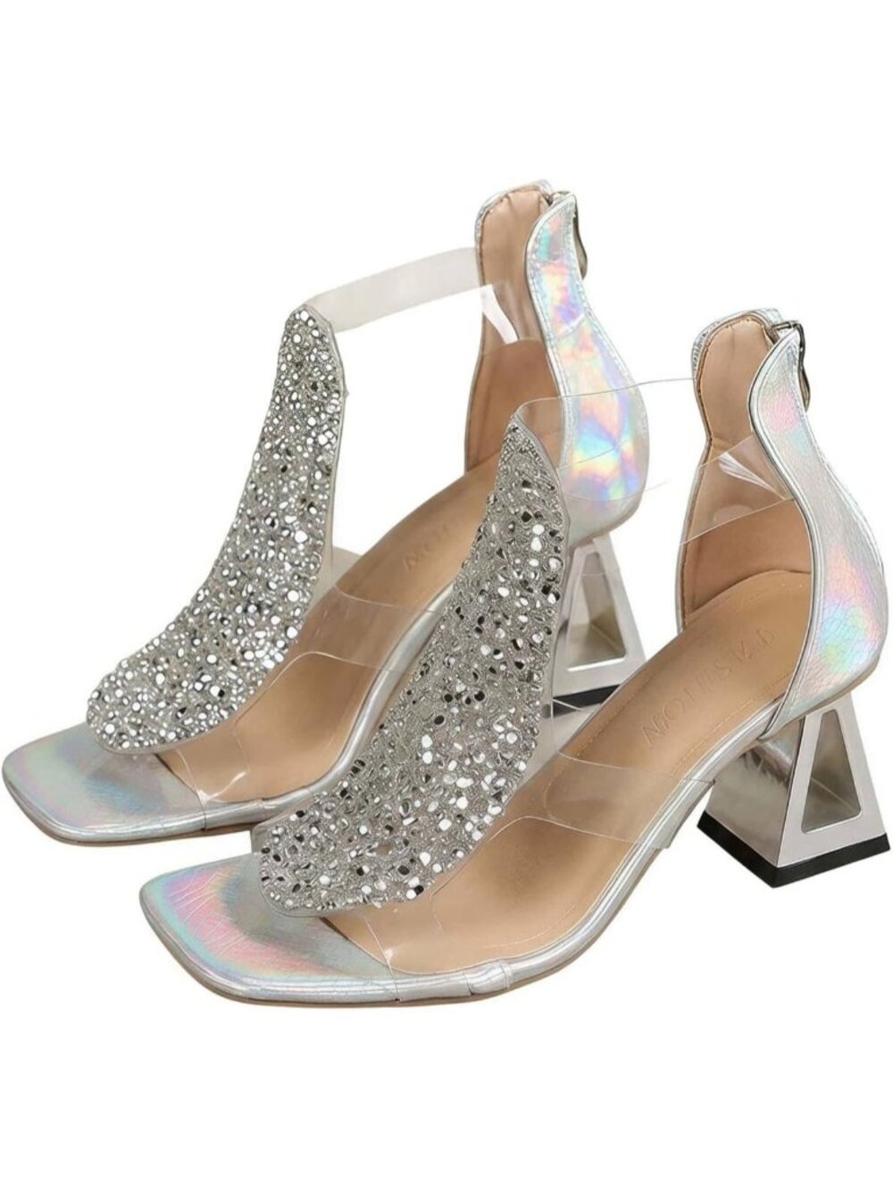 Women's Silver Sparkly Rhinestone Heels Sandals Clear Strap Zipper Back Shoes